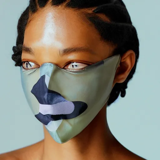 Image similar to realistic photoshooting for a new balenciaga lookbook, color film photography, portrait of a beautiful woman, model is wearing a balaclava mask, in style of tyler mitchell, 3 5 mm,