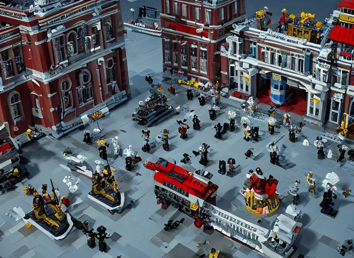 Image similar to hyper detailed stalin, lenin, revolutionary sailors together taking winter palace from bourgeoisie as lego characters, unreal engine 5, lumen, nanite, dslr