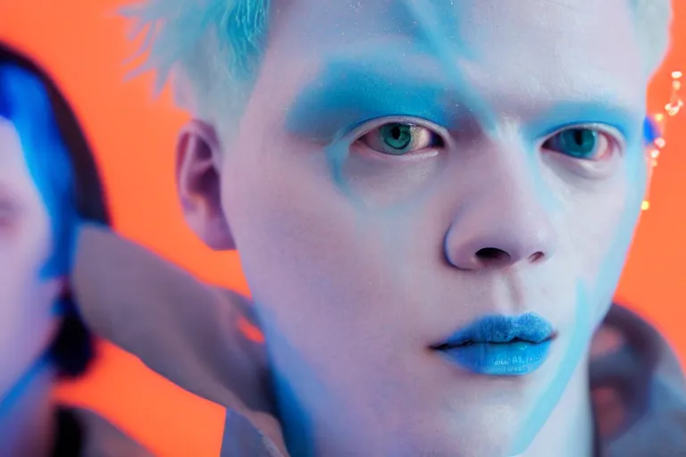 Image similar to a close - up risograph of cyberpunk albinism model men wearing lots of transparent and cellophane accessories, light blue colors, huge earrings and queer make up, blue hour, twilight, cool, portrait, crispy, full - shot, blue sky, kodachrome, photo by mayumi hosokura, style by moebius