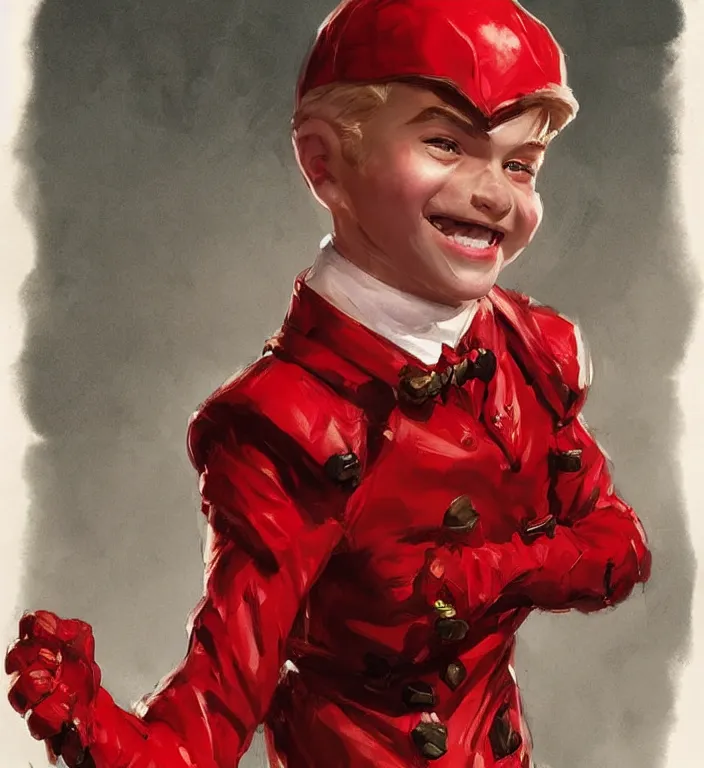 Prompt: medium shot, a boy with mildly dangerous looking eyes with smile with red suit on, very detailed, digital art, concept art, studio quality, fantasy, art style by J. C. Leyendecker