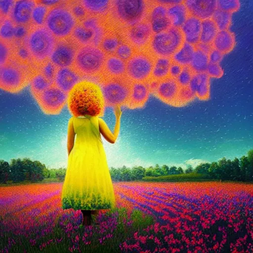 Prompt: giant flower afro, full body, girl standing in the middle of a field with flowers, surreal photography, hills, sunrise dramatic light, impressionist painting, colorful clouds, digital painting, pointillism, artstation, simon stalenhag