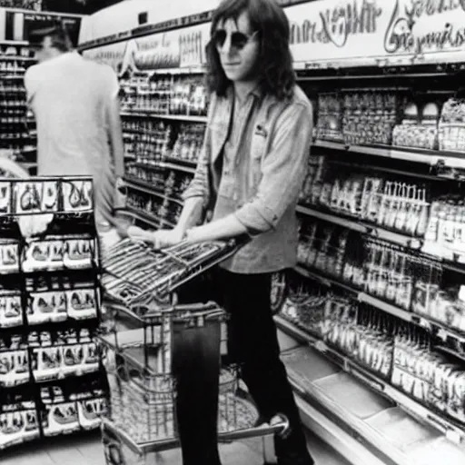 Prompt: John Lennon djing in a supermarket