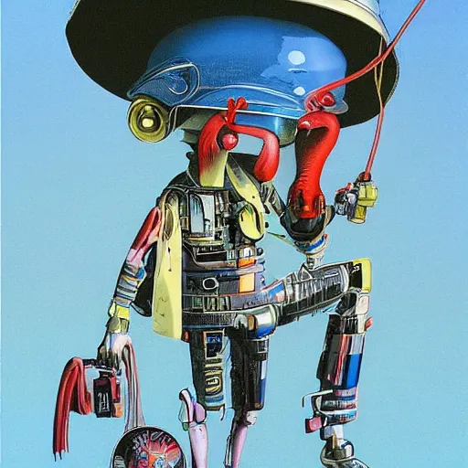 Image similar to a lone Android, wearing a cloth flamingo print bucket hat, by John Harri and Michael Whelan and John Berkey and Robert McCall and Chris Foss and Chris Moore and Vincent Di Fate and Rafał Olbiński and Jim Burns