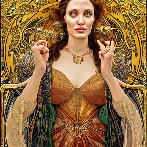 Prompt: realistic detailed dramatic symmetrical portrait of Angelina Jolie as Salome dancing, wearing an elaborate jeweled gown, by Alphonse Mucha and Gustav Klimt, gilded details, intricate spirals, coiled realistic serpents, Neo-Gothic, gothic, Art Nouveau, ornate medieval religious icon, long dark flowing hair spreading around her