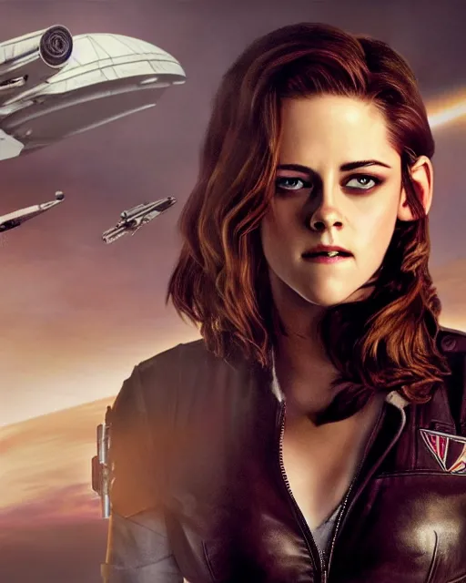 Image similar to kristen stewart ( from twilight ) portraying a beautiful jaina solo from star wars legends, beautiful kristen stewart jaina solo as a rogue squadron pilot, without lightsaber, movie, hyper realistic, hollywood promotional image, imax, 8 k