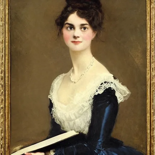 Image similar to young victorian lady in ball gown, absent - minded, holding a book, painted by alfred stevens