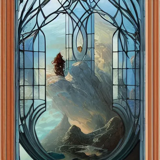 Image similar to beautiful large window with four panes, four yearseason is represented by peter mohrbacher, art nouveau, landscape, cinematic