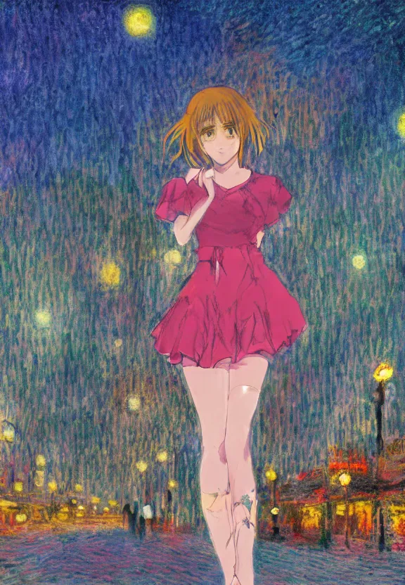 Image similar to wide angle portrait of a teenage girl, a thrifty outfit, somewhat of an anime in impressionist style, city street view background, starlit night sky, trending artwork, illustrated in anime painter studio, by claude monet