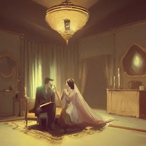 Image similar to Consummating the marriage, darkened room, vintage colors, elegant interior, by Greg Rutkowski and artgerm, high detail