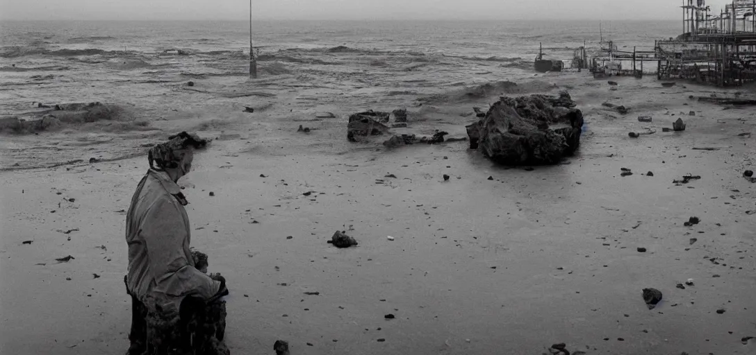 Image similar to apocaliptic Portrait of the city of Mar del Plata with a offshore oil dripping , by stephen Shore, epic composition 35mm