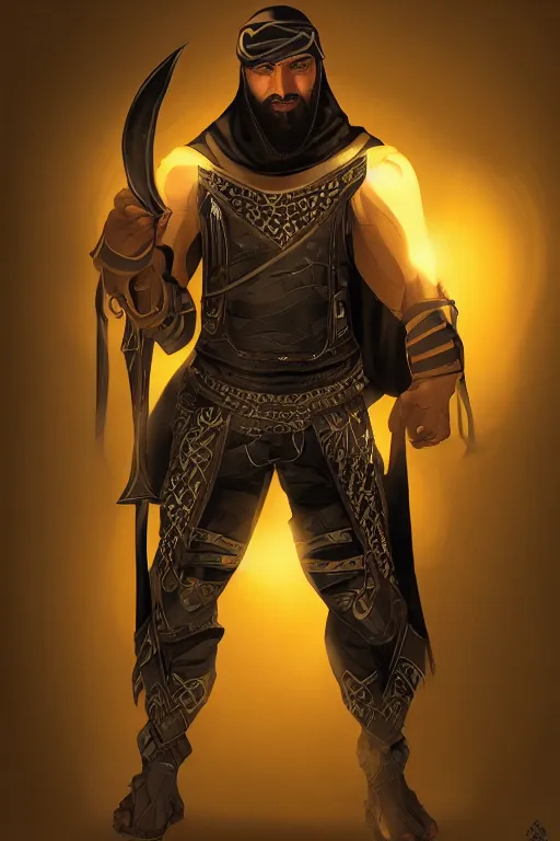 Prompt: !dream Bedouin arab superhero, black vest, intimidating full body armor, Arabian sword, beard, nighttime, cinematic lighting first person view concept art