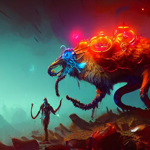 Prompt: a heroic psychedelic random animal, hero character art, scars, wearing hero costume, by MADHOUSE and greg rutkowski and Salvador Dali a vibrant fantasy lovecraftian style, octane, unreal engine, cinematic lighting, raytracing, 4k, hyperdetailed, bright and dark, hd, HDR, high contrast,