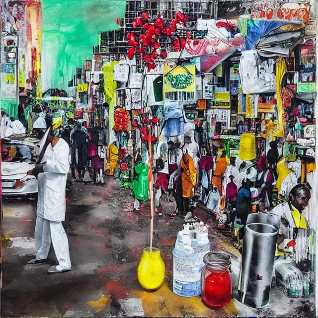 Prompt: “ a busy sidewalk in nairobi, pharmacy, street hawkers, medical supplies, pills and medicine, ikebana, herbs, a candle dripping white wax, squashed berries, berry juice drips, acrylic and spray paint and oilstick on canvas, surrealism, neoexpressionism ”