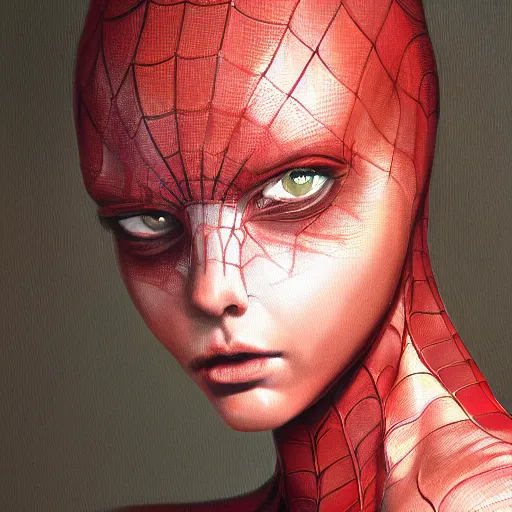 Image similar to a realistic painting by Raffaello Sanzi depicting the girl with the head of the symbiotic Symbiot from Sony Spiderman Universe in the Renaissance,smooth,Sharp focus,high detailed,high resolution, trending on Artstation.