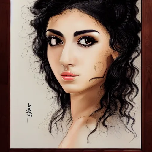 Image similar to portrait of a persian young lady with curly black hair, photo, realistic, focused, detailed