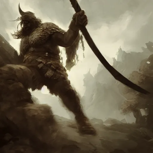 Image similar to viking fighting a giant in the style of craig mullins, ruan jia, kentaro miura, greg rutkowski, loundraw