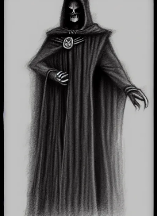 Image similar to pencil ultradetailed sketch of the necromancer, wearing a black cloak, crisp