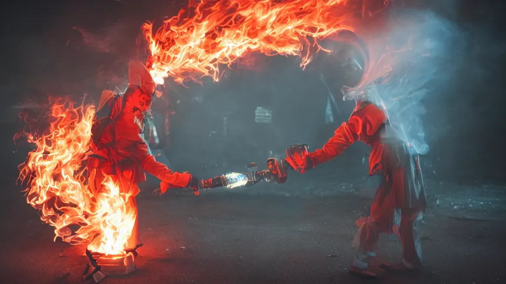 Prompt: photo of a clown using a flamethrower projecting a long bright flame towards a dumpster fire. award-winning, highly-detailed, 8K