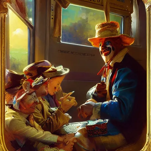 Image similar to a clown selling goodies on the train, highly detailed painting by gaston bussiere, craig mullins, j. c. leyendecker 8 k