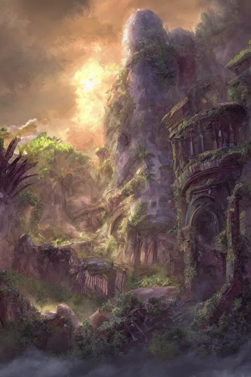 Image similar to digital painting detailed Old Ruins stone candy sky from magic the gathering by James gurney