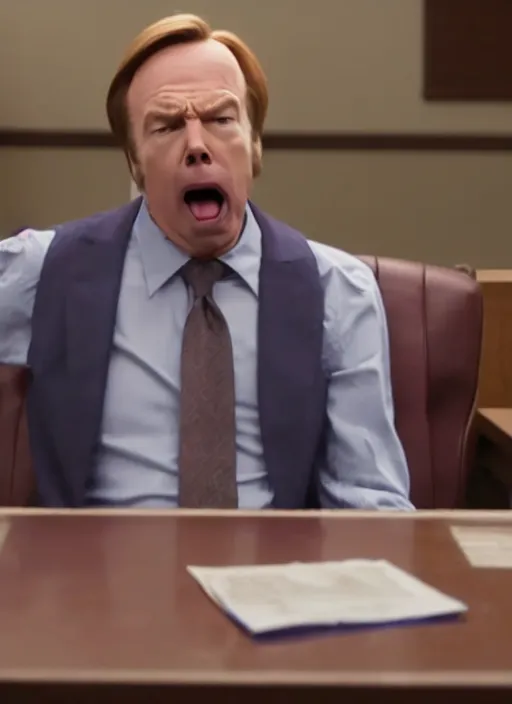 Prompt: screencap from better call saul episode, 'chuck mcgill'!! screaming, testifying on witness stand, plugging his nose, green stink fumes coming from rear, people running