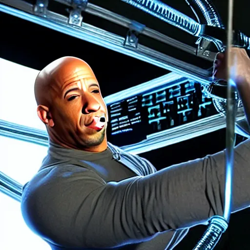 Prompt: vin diesel's head suspended floating in a glass tube, protruding from a supercomputer