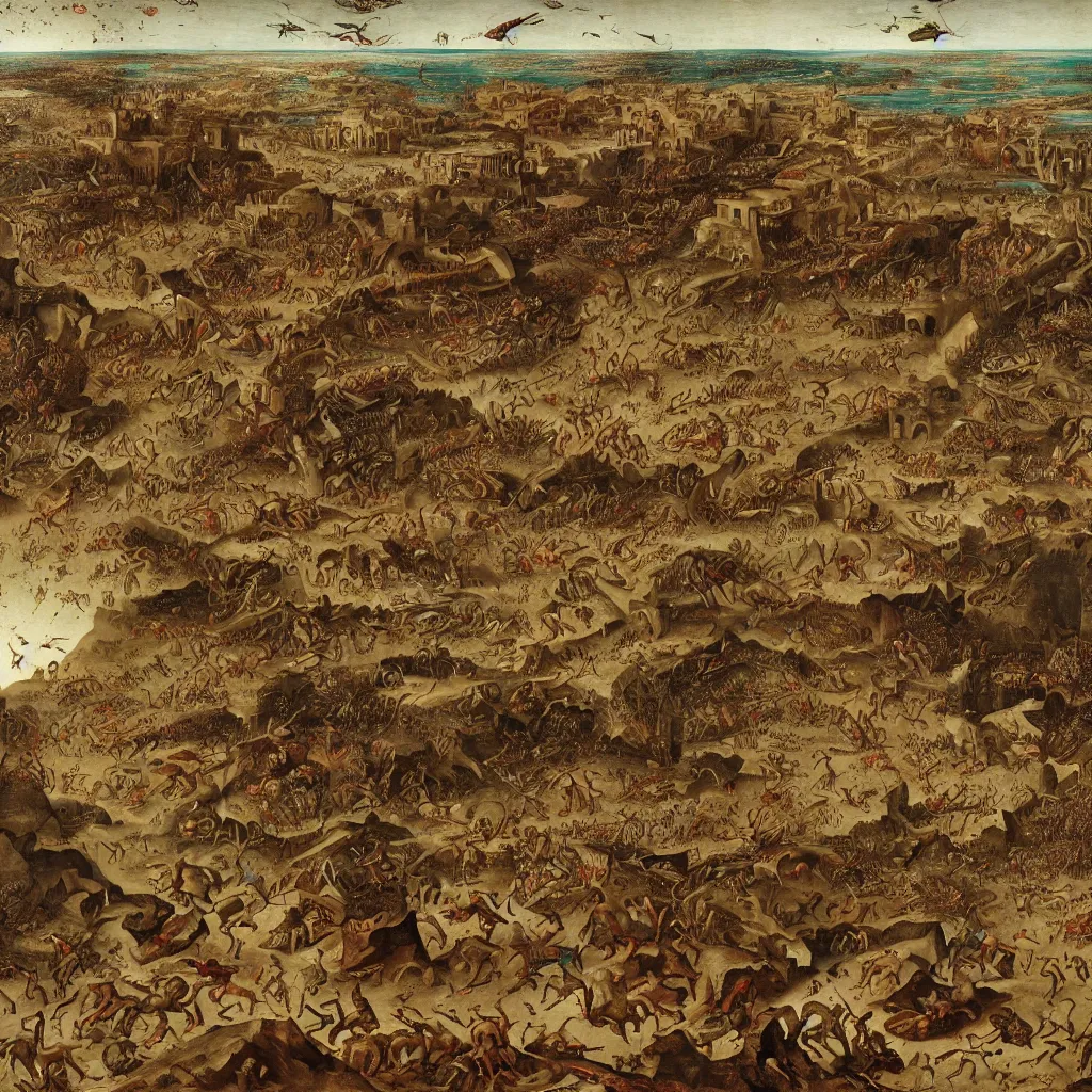 Prompt: Blood Tsunami and swarm of locusts engulfing a decadent ancient egyptian city, wrath of god, Bruegel the Elder