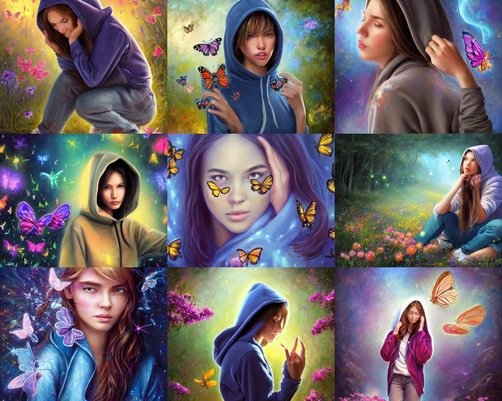 Prompt: full shot, long shot, wide shot young woman in a hoodie, jean pants, sneakers, enchanting an illusory spell. butterflies, flowers, fireflies, spirits, digital painting, detailed, colorful aura, 8 k, trending on artstation, smooth, sharp focus artwork by mark arian, artgerm, mark keathley, greg rutkowski