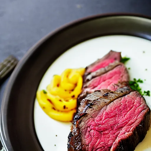 Image similar to A perfectly cooked medium rare steak, food photography, 35mm, macro