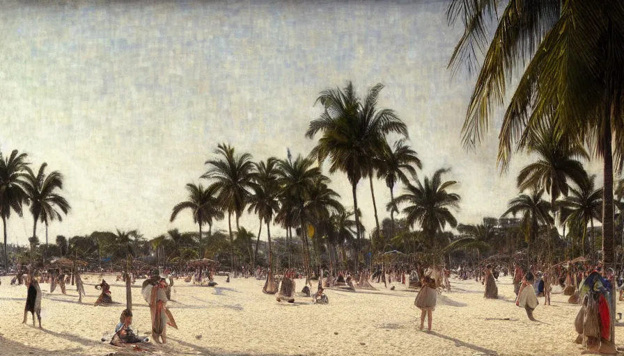 Image similar to a ultradetailed beautiful photo of hundreds of people in the amazonas palace designed by jules bastien - lepage, hans belmer, frank weston and gustave baumann, beach, trending on artstation, mediterranean, palm trees, light sparkles, sharp focus, soft light, 8 k 4 k