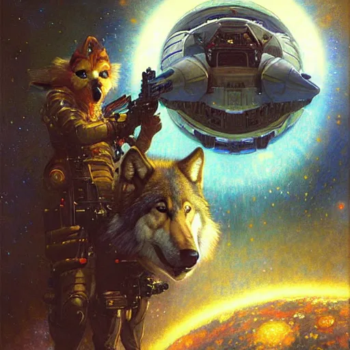 Image similar to portrait of a wolf in uniform starship stars laser gun. shadowrun furaffiniy cyberpunk fantasy highly detailed painting by gaston bussiere craig mullins jc leyendecker gustav klimt artgerm greg rutkowski john berkey, bergey, craig mullins, ruan jia, raymond swanland, jeremy mann, tom lovell, alex malveda