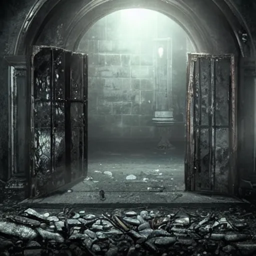 Prompt: entrance of a dark mansion, realistic, highly detailed, background of resident evil game