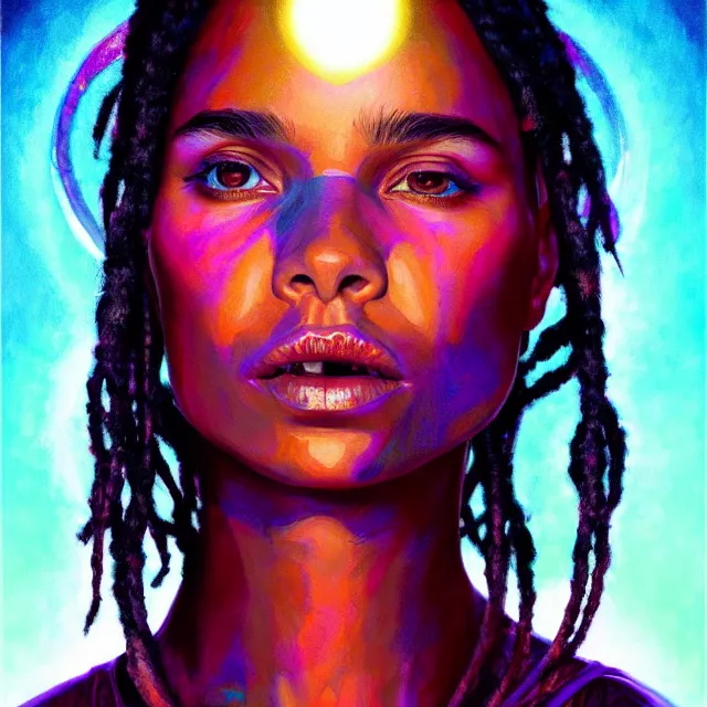 Prompt: portrait of zoe kravitz by mandy jurgens, cartoon, oil painting, visionary art, symmetric, magic symbols, holy halo, dramatic ambient lighting, high detail, vibrant colors,