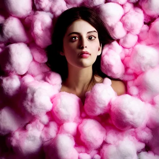 prompthunt: a cute girl model surrounded by floating pink cotton balls,  photorealistic, hyperdetailed, studio lighting, shot on iphone 1 3 pro