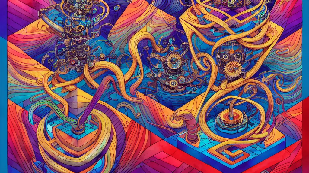 Image similar to twisted turn of fate abstraction, centered award winning ink pen illustration, isometric abstract illustration by dan mumford, edited by craola, technical drawing by joe fenton and tooth wu, tiny details by artgerm watercolor girl, symmetrically isometrically centered