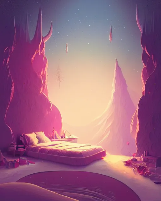 Prompt: beautiful painting of elven bedroom, art by mike winkelmann and by petros afshar, sky night, illustration, highly detailed, simple, smooth and clean vector curves, no jagged lines, vector art, smooth, artstation