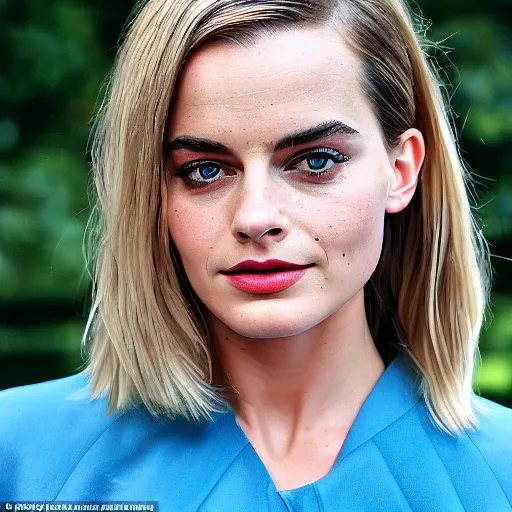 Image similar to a woman who is a genetic combination of margot robbie and emma watson face and upper - body focus