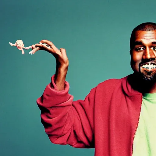 Image similar to kanye west smiling and holding yoda yoda for a 1 9 9 0 s sitcom tv show, studio photograph, portrait