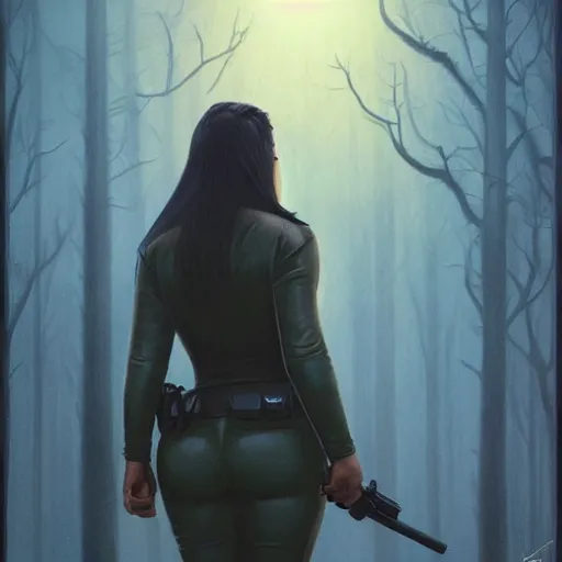 Prompt: kim kardashian as a cop, police uniform, face portrait, scared emotion, haunted forest with ufo sitting in the distant fog, pretty, aesthetic, dust molecules, matte detailed photo, DeviantArt, Artstation, by donato giancola, ralph horley, loish, ufo lighting