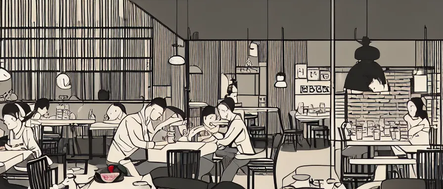 Image similar to a beautiful interior view illustration of a small roasted string hotpot restaurant in yan'an city, wall corner, restaurant wall paper is tower amd mountain, rectangle white porcelain table, people are eating, black chair, animation illustrative style, from china, simple style structure decoration design, victo ngai, james jean, 4 k hd