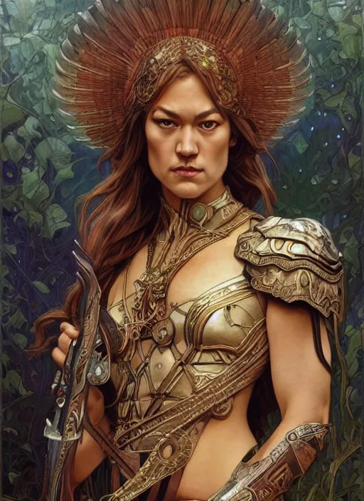 Prompt: Yvonne Strahovski as a beautiful warrior woman, fantasy, intricate, elegant, highly detailed, centered, digital painting, artstation, concept art, smooth, sharp focus, illustration, art by artgerm and donato giancola and alphonse mucha