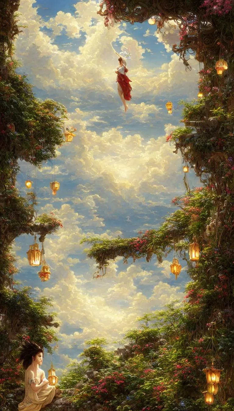 Image similar to wind deity enjoying the view from his stone heavenly palace, decorated with windchimes and paper lanterns, stunning nature and clouds in background, digital art, stanley artgerm lau, greg rutkowski, thomas kindkade, alphonse mucha, loish, norman rockwel