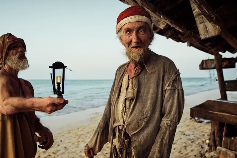 Image similar to closeup old man holding up a lantern on the beach in a pirate ship bay meet to a old wood shack by emmanuel lubezki