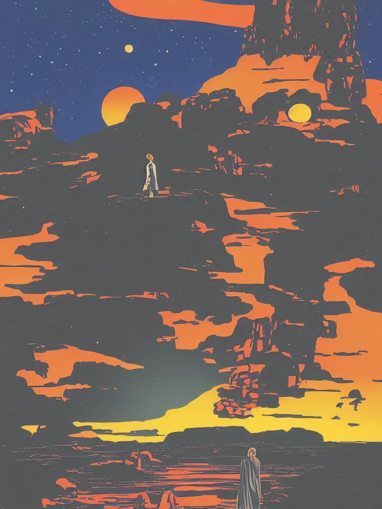 Image similar to a landscape of george harrison as a jedi, taking mind altering drugs, a blotter paper of lsd acid and dreaming psychedelic hallucinations in a vast star wars landscape, by kawase hasui, moebius, edward hopper, colorful flat surreal design, dramatic lighting, hd, 8 k, artstation