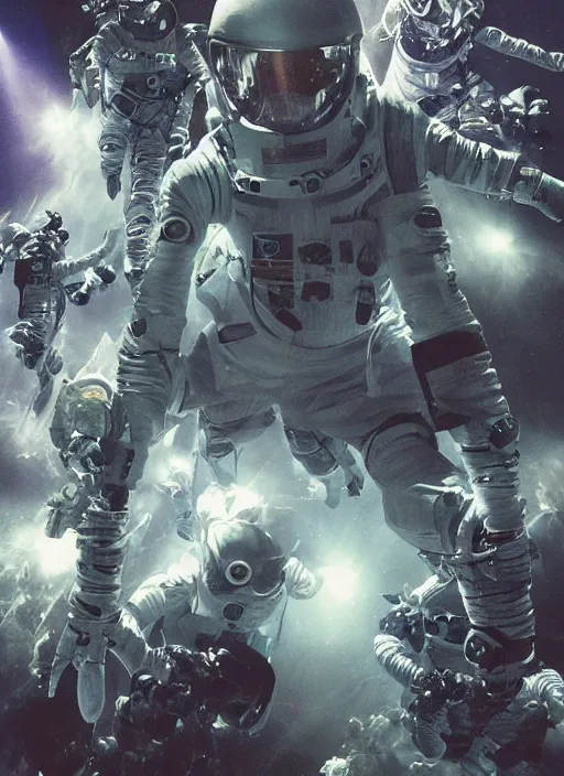 Image similar to astronauts in dark void underwater - complex and hyperdetailed technical suit. reflection and dispersion materials. rays and dispersion of light. volumetric light. f / 3 2. noise film photo. flash photography. ultra realistic, wide angle. poster by wayne barlowe, hajime sorayama aaron horkey, craig mullins