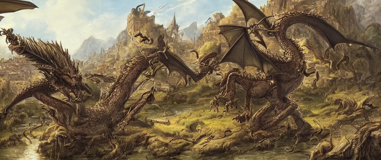 Prompt: stunning detailed artwork of a dragon attacking a village by eugene von guerard