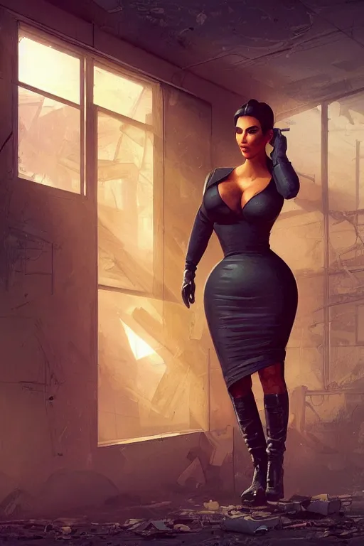 Image similar to photo of kim kardashian as a cop inside a derelict apartment, glowing walkie talkie, realistic, long shot, symmetrical, highly detailed, digital painting, artstation, concept art, smooth, sharp focus, illustration, cinematic lighting, art by artgerm and greg rutkowski and alphonse mucha