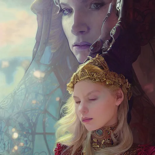 Prompt: A beautiful digital painting of a strong woman with blond haire, in a regal armor, princess, a ghostly bear behind her, D&D, fantasy, intricate, cinematic lighting, highly detailed, digital painting, Artstation, concept art, smooth, sharp focus, illustration, art by Artgerm and Greg Rutkowski, Alphonse Mucha and charlie bowater