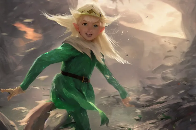 Image similar to a blonde elf wearing a green tunic running away from a flock of white chickens , made by Stanley Artgerm Lau, WLOP, Rossdraws, ArtStation, CGSociety, concept art, cgsociety, octane render, trending on artstation, artstationHD, artstationHQ, unreal engine, 4k, 8k,