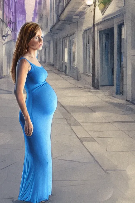 Prompt: pregnant woman in a small blue dress on night street, highly detailed, sharp focused, ultra realistic digital concept art by Edwin Longsden